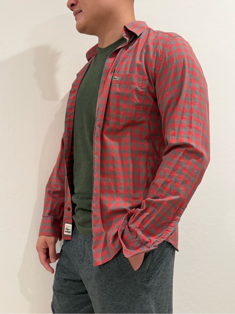 Lacoste Red and Green Gingham Button-Down Shirt